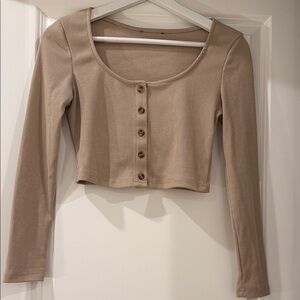 Women's Tan Button-Up Crop Ribbed Top